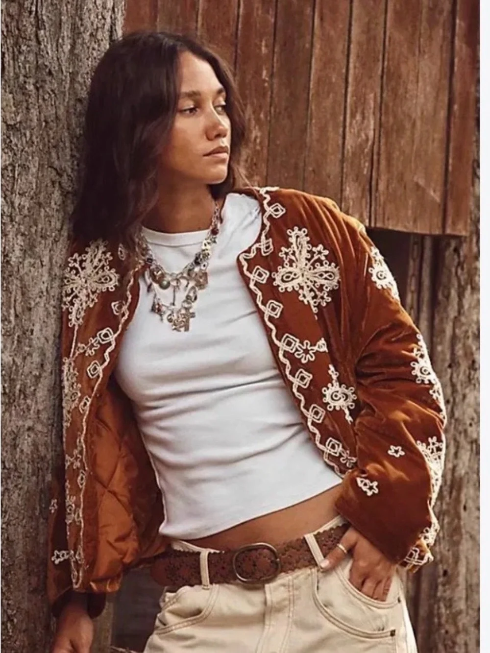 Free People Mia Jacket Embroidered Rust Velvet Women's Jacket